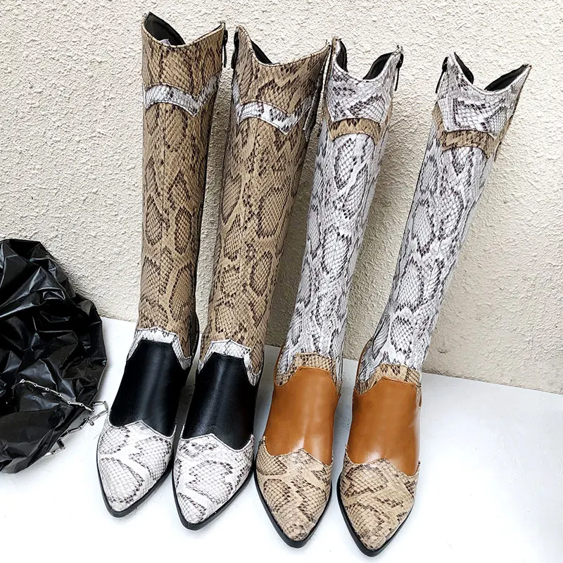 Lsewilly Women Boots Flats Pointed Toe Low-heele Snake Print Western Rodeo Cowboy Long Boots Fashion Female Casual Shoes