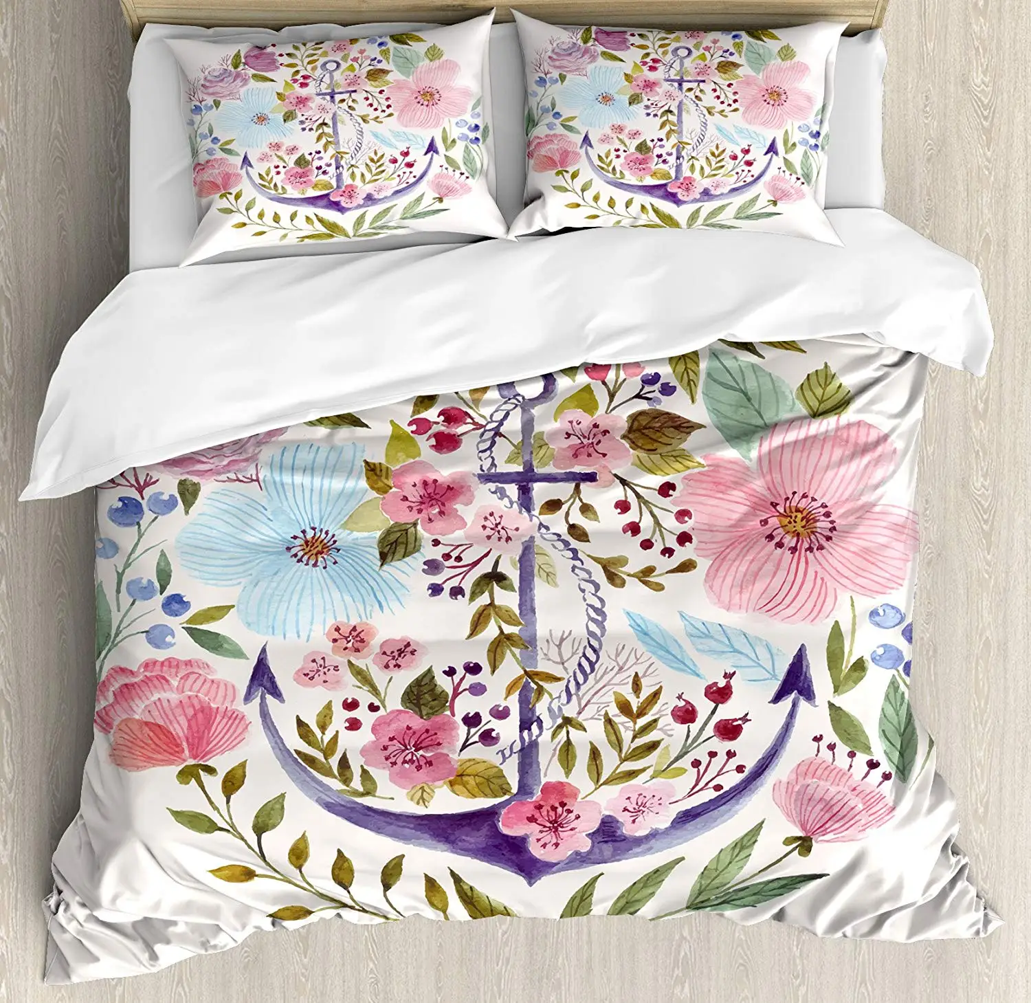 Kitchen Decor Duvet Cover Set by Ambesonne Nautical and Floral Design Anchor Flowers Watercolor Bouquet Marine Symbol Theme 3 |
