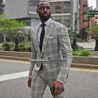 Grey Plaid Check Men Suits Slim Fit Business Single Breasted 2 Pieces Wedding Tuxedos Customized Groom Blazers Hombre 2025 1