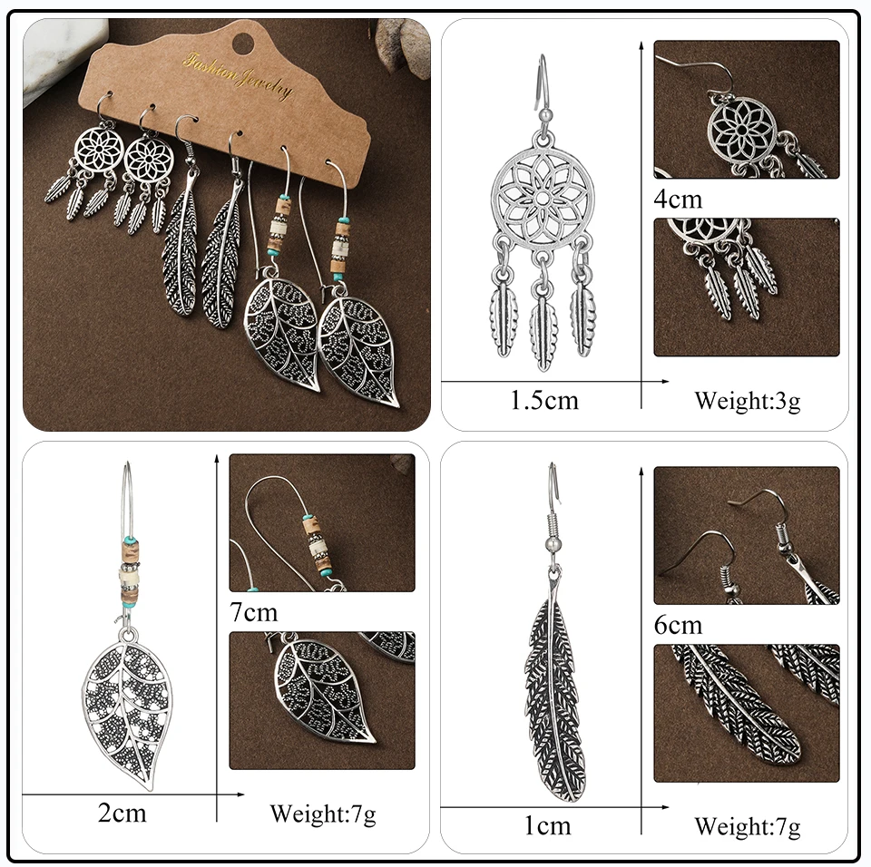 Vintage Long Leaf Flowers Butterfly Owl Wing Birds Shaped Dangling Earrings Jewelry Sets (23)