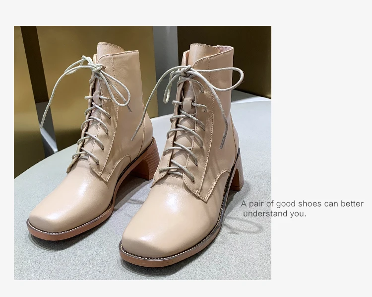 Donna-in Ankle High Heels Boots Women Elegant Cross Tied Square Toe Rubber Boots Genuine Leather Fashion Shoes Woman New