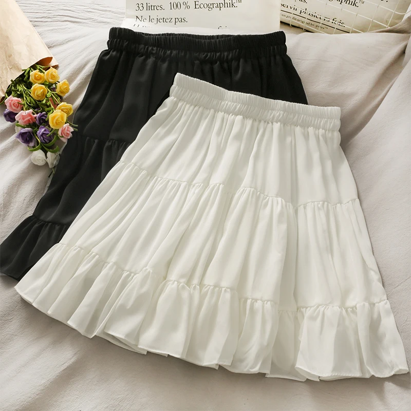 Sexy Cute Sweet Short Pleated Skirt Women 2021 Summer Cotton Casual Solid Elastic Waist White Mini Skirt Boho Beach Slim Skirt