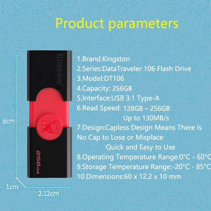 Kingston USB флэш-накопитель DT106 Флешка 256 ГБ USB 3,1 type-A USB 3,0 карта памяти до 130 Мб/с Флешка u-диск