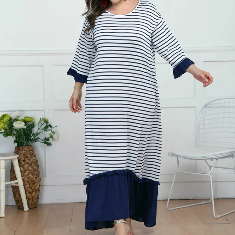 

Oversize Striped Long Dress Women Autumn Plus Size Maxi Long Dress Vestidos Robe Femme Patchwork Loose Dress Stripe Ruffles P030