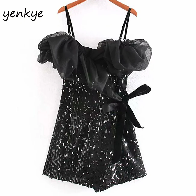 

Sequin Patchwork Shoulder Off Sexy Dress Women Asymmetric Club Party Mini Dress Summer CCWM9538