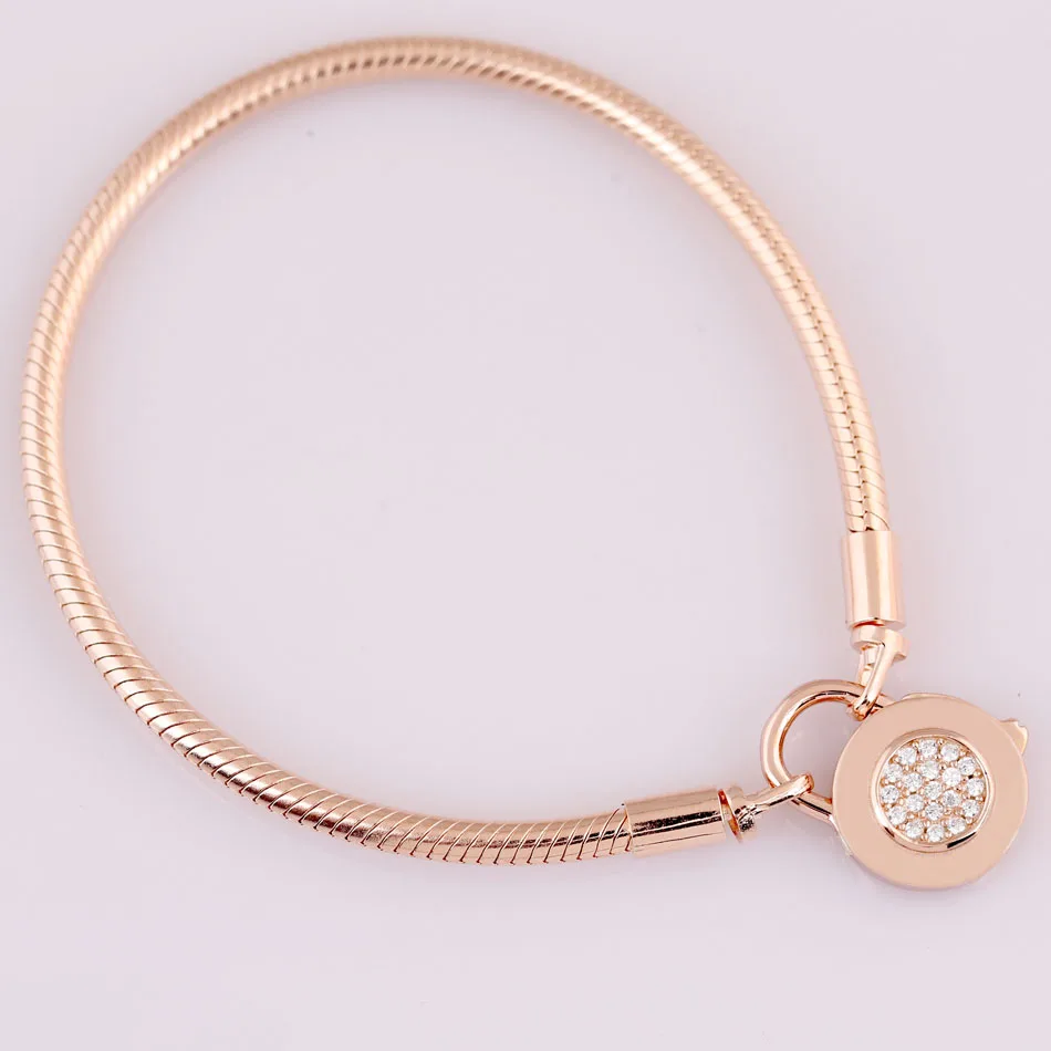 Фирменный замок с розовым логотипом, гладкий браслет на цепочке в виде змеи, браслет на запястье, подходит для бусины из стерлингового серебра 925, шарм, сделай сам, европейские ювелирные изделия