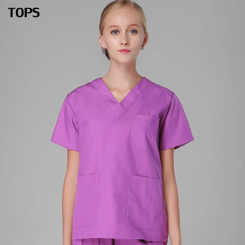 Доктор больница Стоматологическая взрослая Женская и мужская хирургическая рабочая одежда с коротким рукавом униформа медсестры сплошной цвет медицинские скрабы Топы - Цвет: top
