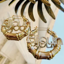 

Bling Name Bamboo Earrings Custom Trapezoid Hoop Bamboo Names Earrings Letter Big Personalised Name Earrings Women Gift