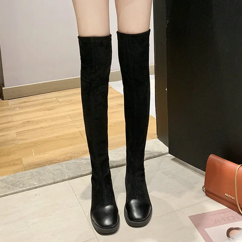 Nice Pop Soft Women Knee High Boots Autumn Round Toes Classic Black Shoes Woman Flat Heels Sexy Ladies Pretty Dress Boot