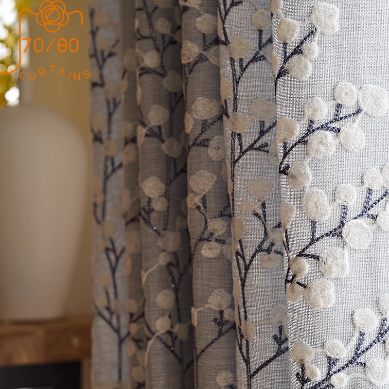 Cortinas opacas de lino y algodón con bordado Floral, color gris y azul, estilo chino, para sala de estar, dormitorio, ventana de Bahía, personalización, novedad
