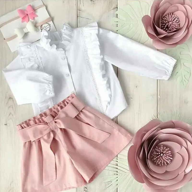

Toddler Kid Baby Girl Ruffle Button Tops Shirt Short Pants Outfit Set Clothes