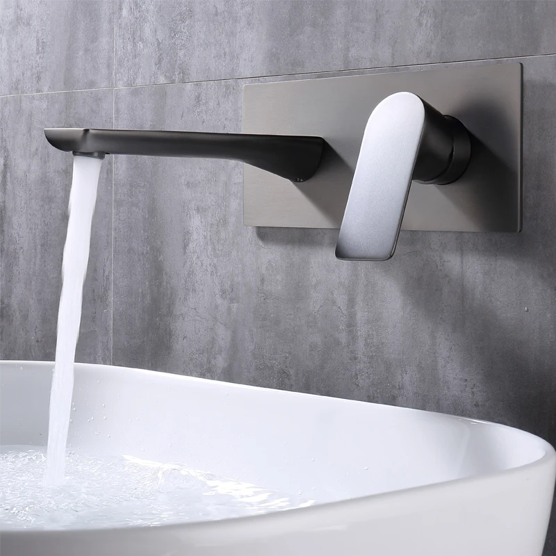 

Смеситель для ванной комнаты, крепление на раковину, однорычажный настенный кран из твердой латуни, скрытая металлическая коробка, серый цвет