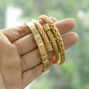 

New Arrival Men Roman Bracelet 3PCS/Set Gold Colour Stainless Steel Twisted Wire Cuff Bracelet Bangle Women Jewelry