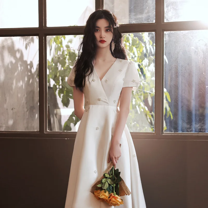 

Elegant V-Neck Beading Short Sleeve Daily Evening Dress Women Back Zipper Formal Gowns Robe De Soiree Cheongsam 3XL