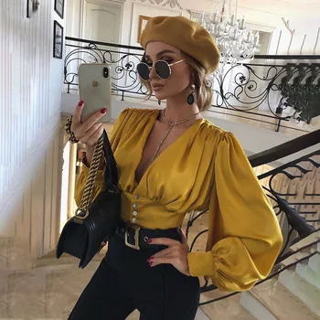 

Sexy Crop Top Women Deep V Neck Single Breasted Shirt Top Long Lantern Sleeve Pleated Retro Blouse Slim Crop Tops For Women