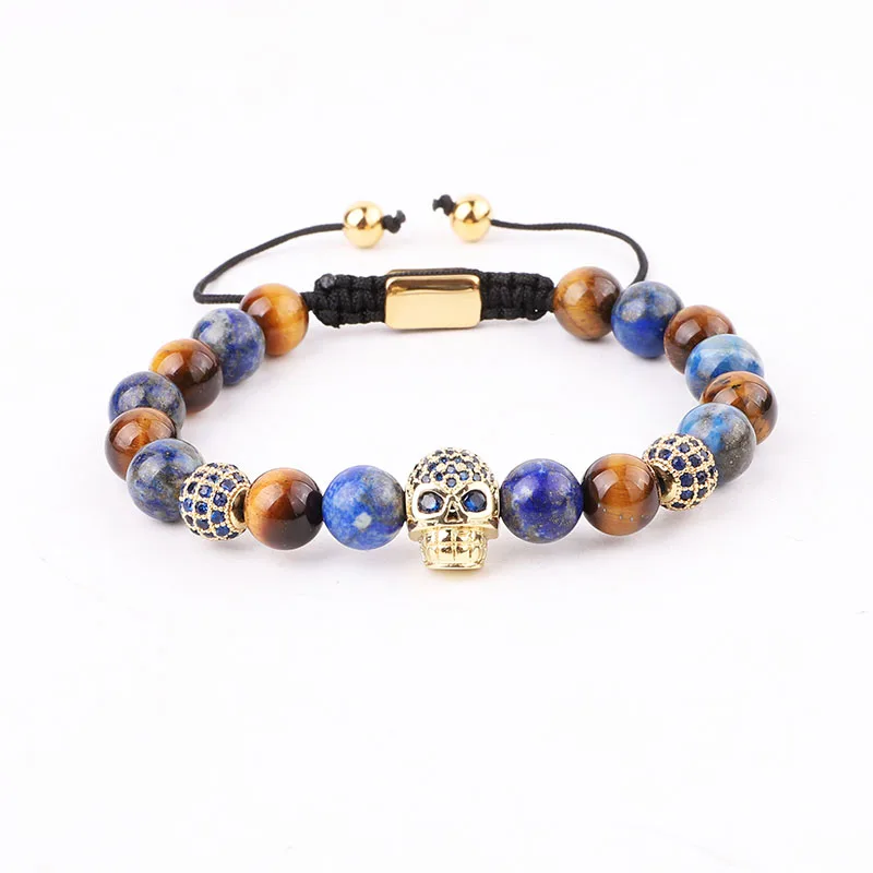New Design Natural Stone Beads Blue CZ Pave Skull Charm Macrame Adjustable Bracelet Men
