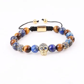 New Design Natural Stone Beads Blue CZ Pave Skull Charm Macrame Adjustable Bracelet Men