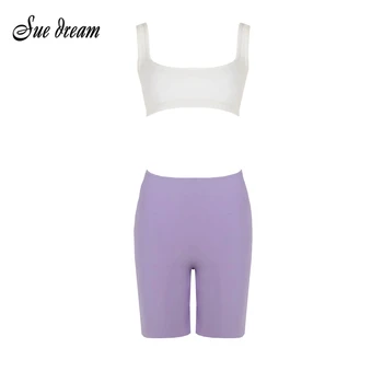 

2020 Summer New Women'S 2-Piece Two-Piece Set White Short Top & Purple Shorts Elastic Tight Leisure Sexy Bandage Set