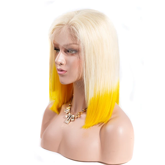 Recool 13X6 розовый Боб Синтетические волосы на кружеве парик предварительно вырезанные 613 блондинка синий и красный цвета серый с открытыми пальцами; цвета оранжевый, зеленый, фиолетовый эффектом деграде(переход от темного к короткий боб парики из натуральных волос - Цвет: 613 Yellow