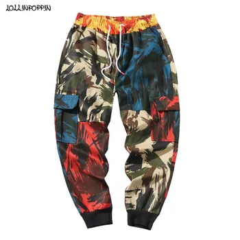 

Japan Style Harajuku Men Patchwork Camouflage Cargo Pants Multi-Pockets 2020 New Mens Ankle Length Jogger Pants Elastic Waist
