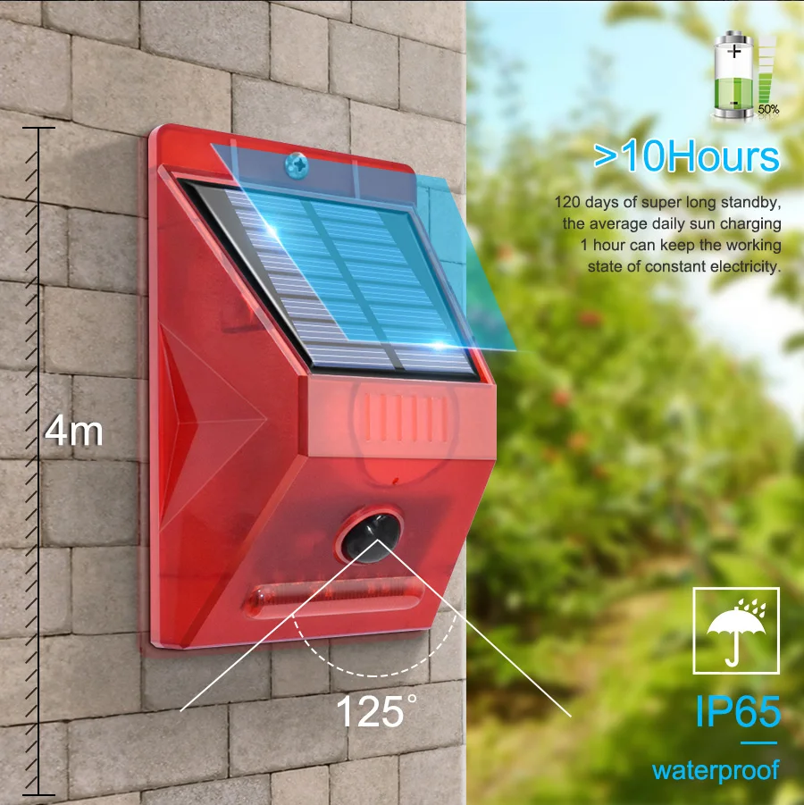 Solar Strobe Light with Motion Detector Remote Controller Solar Alarm Lamp 129db Sound Security Siren Lights IP65 Waterproof