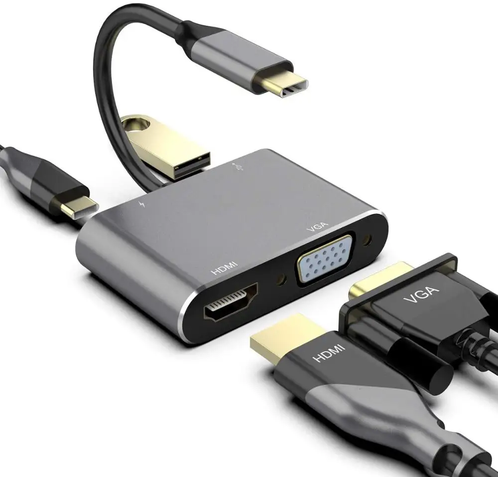 

USB C to 4K HDMI VGA Adapter 4-in-1 Hub USB 3.0 OTG Charging Power PD Port Compatible