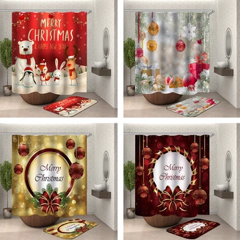 

Christmas Colorful Balloon Shower Curtains Foot Pad Bathroom Curtain Fabric Waterproof Macrame Screen Home Decor Hanging Ring