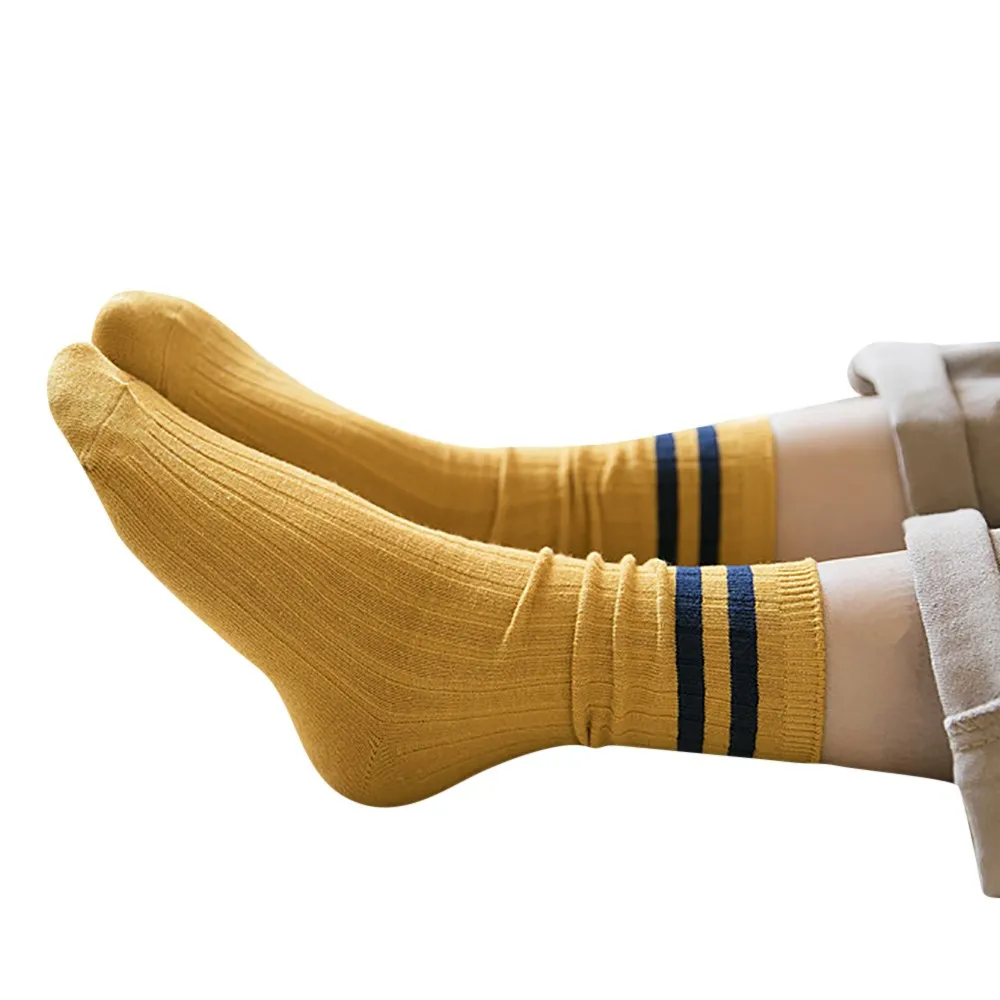 Harajuku Socks New Style Women Solid Color Cotton Causal Winter Warm Striped Vintage Socks Chaussette Femme - Цвет: Цвет: желтый