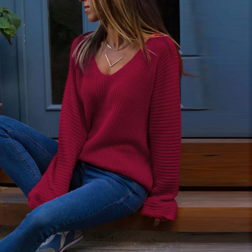 

Sweater Women Autumn Winter Pullover Solid Knitted Long Sleeve V-Neck Female Sweater Short Tops Pull Femme sueter mujer invierno