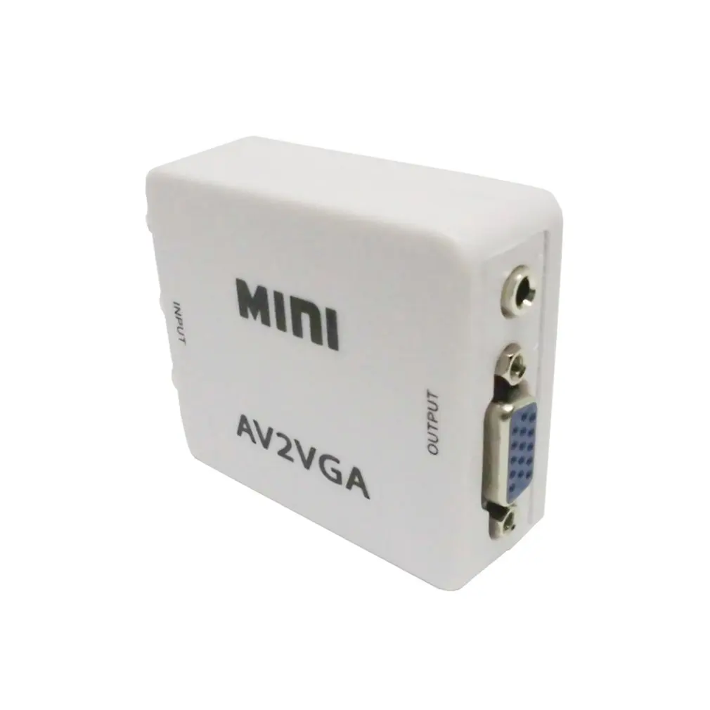 Piccola Scatola Bianca AV a VGA HD Video Converter HD AV2VGA Video Converter Box con 3.5mm Audio pe