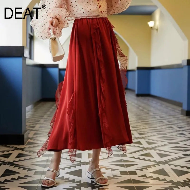 

[DEAT] 2019 New Pttern Fashion Trend A-line Elastic Waist Slim Temperament Wooden Ear Irregular Mid-length Women's Skirt AI914