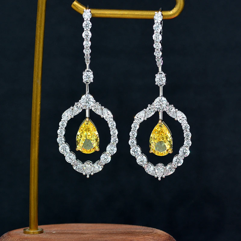 OEVAS 100% 925 Sterling Silver 8*12mm Water Drop Yellow High Carbon Diamond Drop Earrings For Women Sparking Party Fine Jewelry