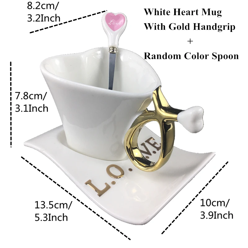 Gold Random Spoon Кофейная кружка в форме сердца для влюбленных, модная керамическая кружка для молока с тарелкой, парная чашка для утреннего чая, Офисная чашка для воды, подарок для девочек - Цвет: Gold Random Spoon