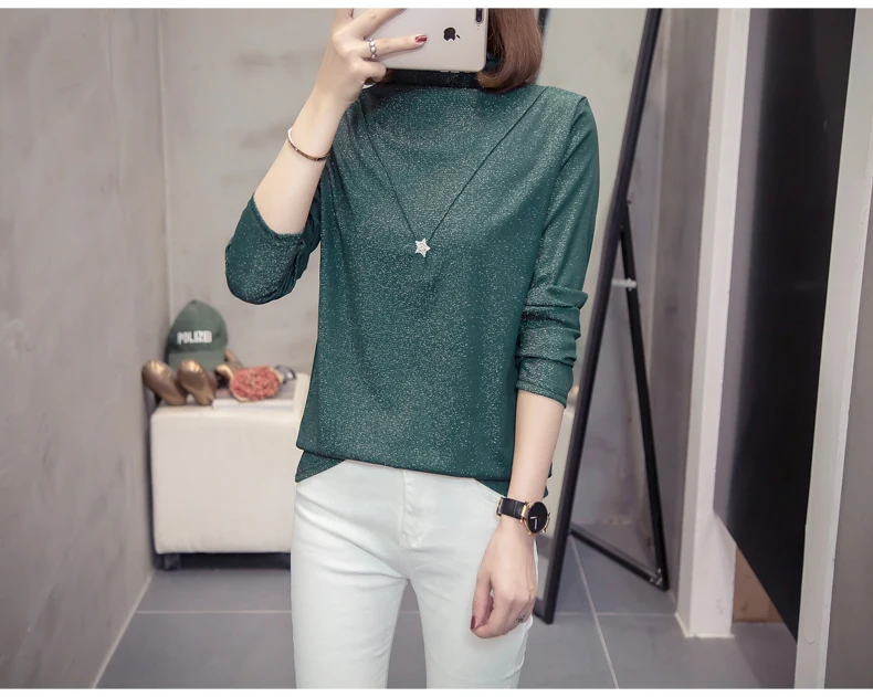 Plus Size Bright Silk Tops Tee Shirts Women 2020 Autumn Trendy Turtleneck Long Sleeve Office Lady Basic T-shirts Oversize Tshirt