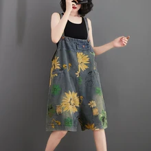 

#1421 Summer Sexy Vintage Printed Denim Overalls For Women Loose Wide Leg Short Jumpsuits Pockets Retro Playsuit Ladies Holes