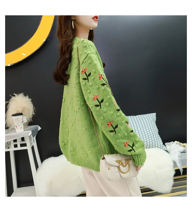 H. SA женский зимний теплый свитер и джемперы, кашемировый пуловер, Цветочная трикотажная одежда с вышивкой, бежевый, зеленый, Свободный пуловер, свитера