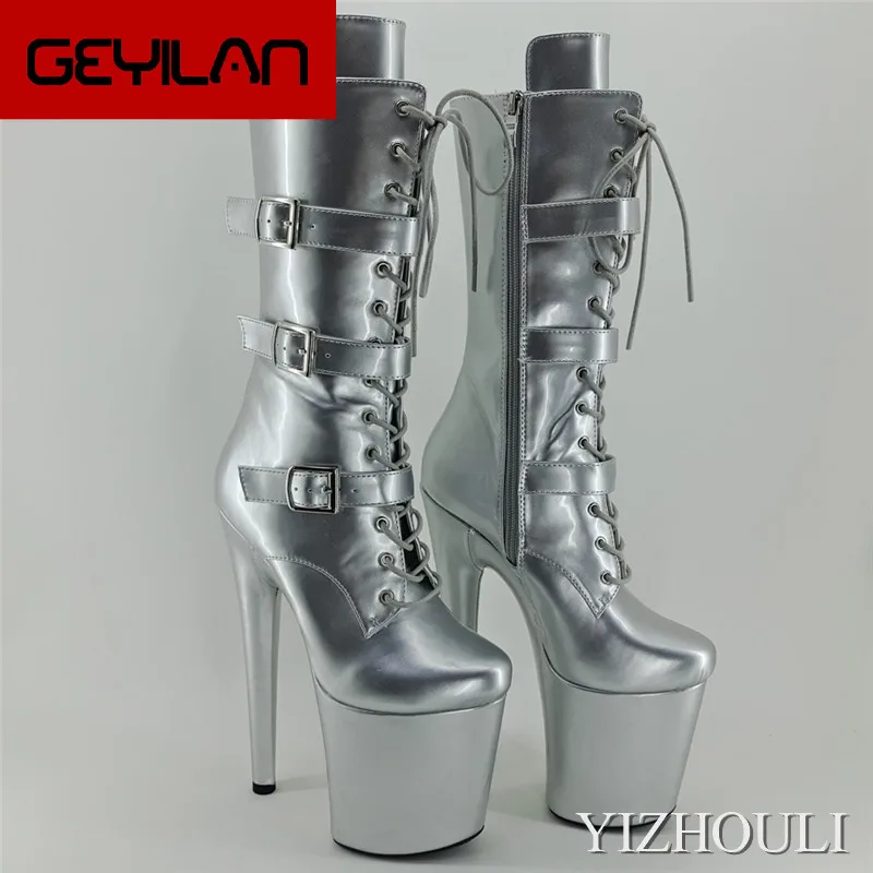 

Shiny silver and black 20cm / 8in pole dancing heels, round top and buckled party booties with thick soles