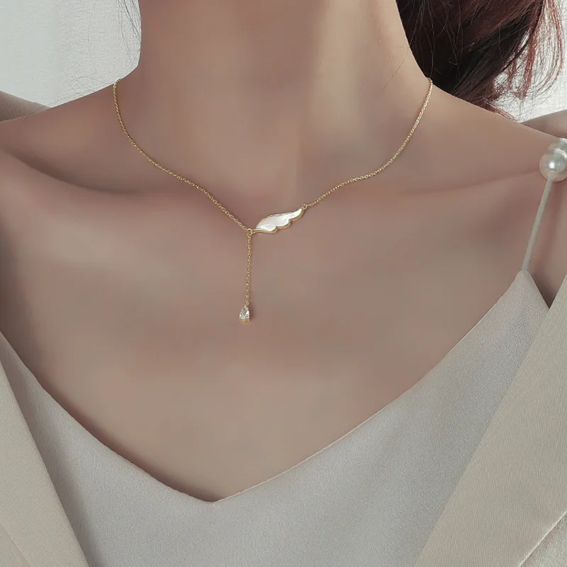 

925 Silver Shell Wing Necklace New Female Simple Sweet Cute Fashion Tassel Angel Pendant Clavicle Temperament Y Type Necklace