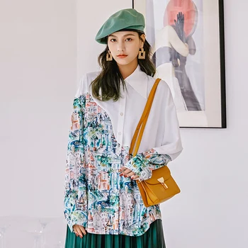 

XUXI 2020 Women New Long Shirt Summer Original Design Water Ink Style Women's Loose Casual Shirt Printed Shirt Women FZ1239