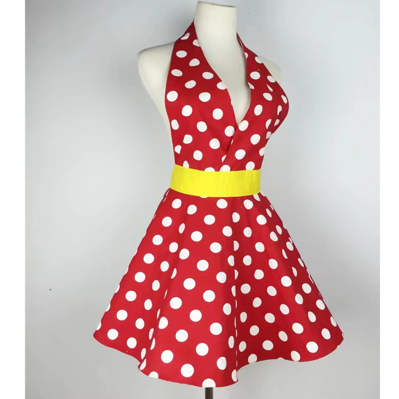 

3pcs Sexy Retro red Polka Dot Bib 100% Cotton Kitchen Full Apron Dress For Wom n Waitress Gift
