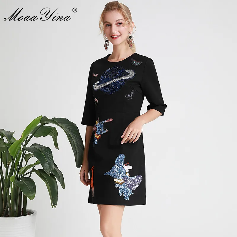 MoaaYina, модное дизайнерское подиумное платье, весна-лето, женское платье с вышивкой, с пайетками, черные элегантные тонкие платья