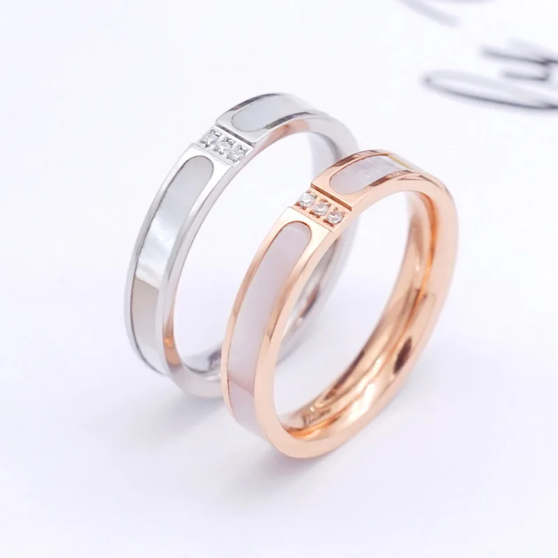

ZN 4mmTitanium Steel Ring For Women Men Couple Inlaid White Shell Simple Finger Rings CZ Crystal Wedding Engagement Ring