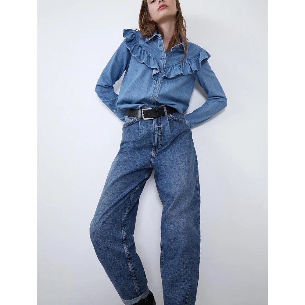  Fashion Za 2020 women Shirt Blue Blouse Clothing for Women Tops Turn Down Collar Denim Blouses Cott