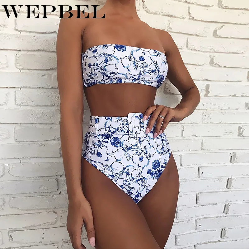 

WEPBEL 2pcs Bikini Set Floral Flower Sexy Strapless Bra + High Waist Thong Summer Beach Pool Party Swim Suit Swimming Swimwear