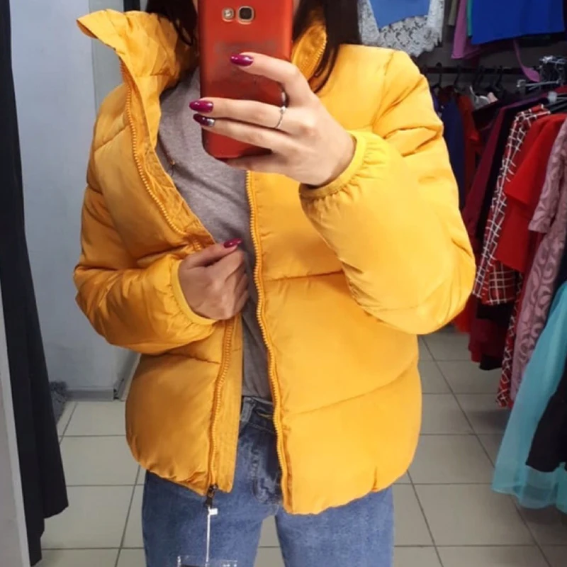 MoneRffi модное женское пальто, однотонный стандартный воротник, негабаритная короткая куртка, зима-осень, Женская куртка-пуховик, парки, Mujer - Цвет: Ginger Yellow