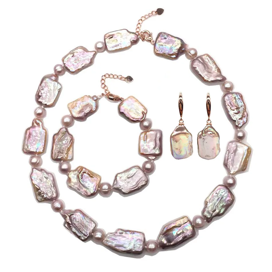 

Baroque Keshi Pearl Choker Statement Necklace Bracelet Bangle Hook Earrings Set Peach Purple Flat Square Shape Red Golden Clasp
