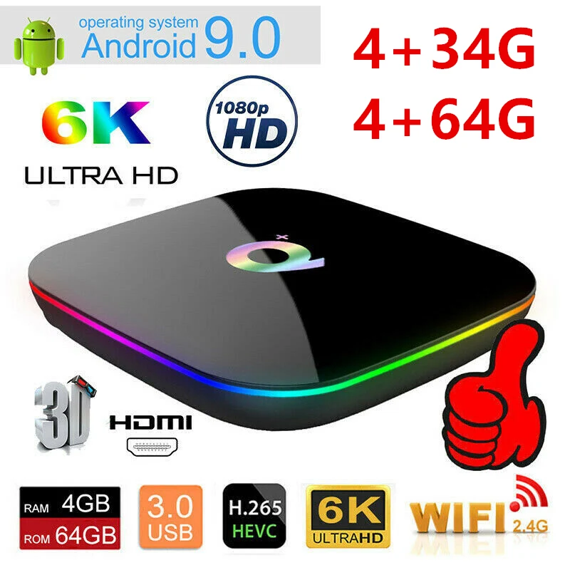 

Q Plus Android 9.0 TV Box Allwinner H6 Quad Core 4GB RAM 32GB/64GB ROM Set Top Box HD 6K H.265 USB3.0 Netflix Smart Media Player