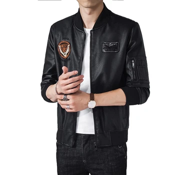 

Arm Zipper Leather Jacket For Man Fashion Print Tiger Pattern Bomber Men Jackets Embroidery Fleece Men's Coat Jaqueta Masculina