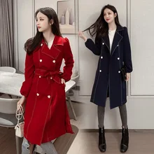 Осенне-зимнее женское пальто, корейский элегантный двубортный пояс, ветровка, женское длинное пальто, модное свободное Женское пальто