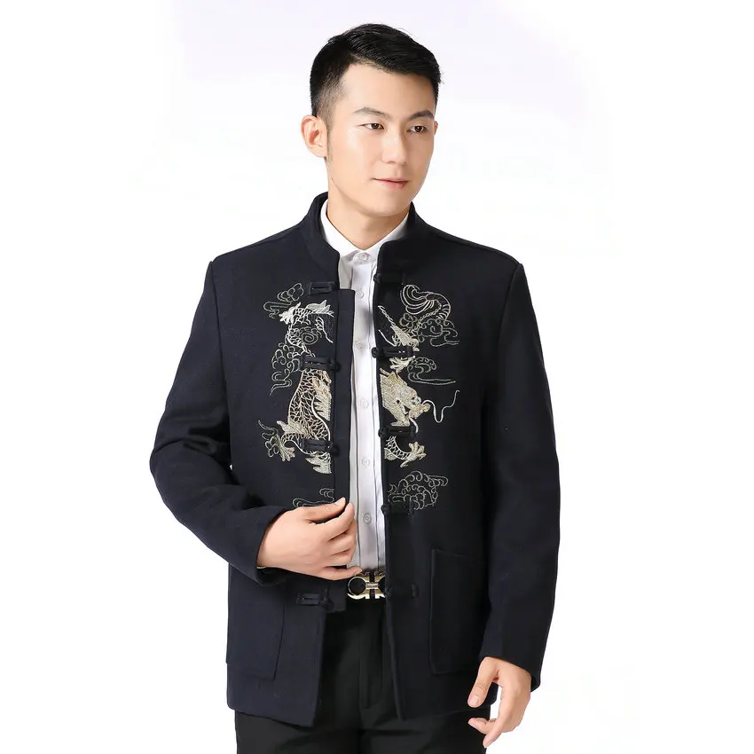 

Man Classical Wool Blend Tunic Coat Dragon Embroidery Tweed Tang Jackets Autumn Early Winter Mandarin Collar Woolen Outerwear
